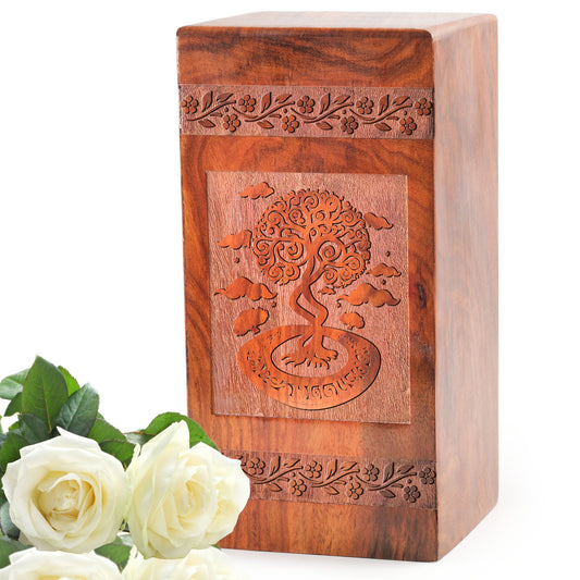 Large, Tree of Life-themed elegant wooden urn, suitable for adult ashes, a tasteful memorial urn for cremation ashes