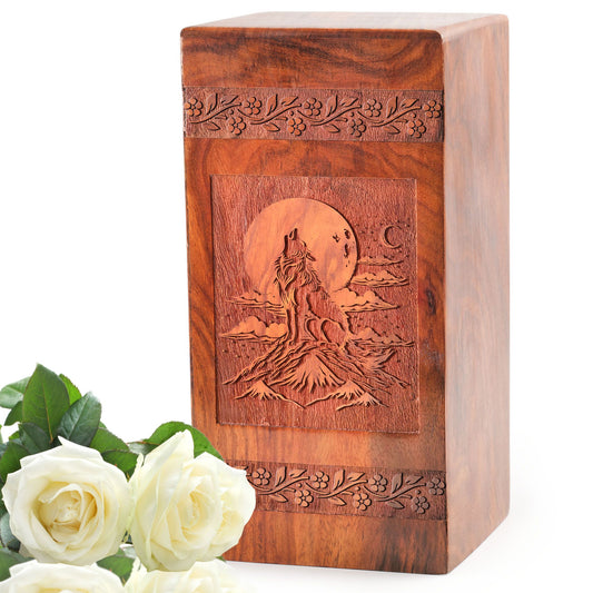 Large wolf-themed wooden urn for ashes, a unique adult memorial burial urn
