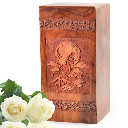 Large wolf-themed wooden urn for storing human ashes, ideal for adult men and women's burial purposes