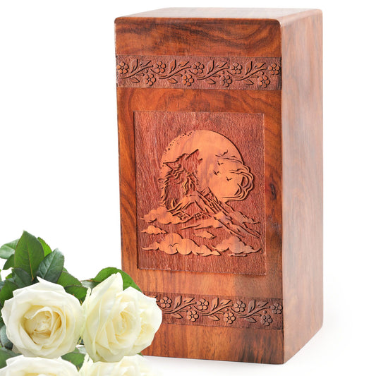 Large wolf-themed wooden urn, traditional cremation tool for human ashes