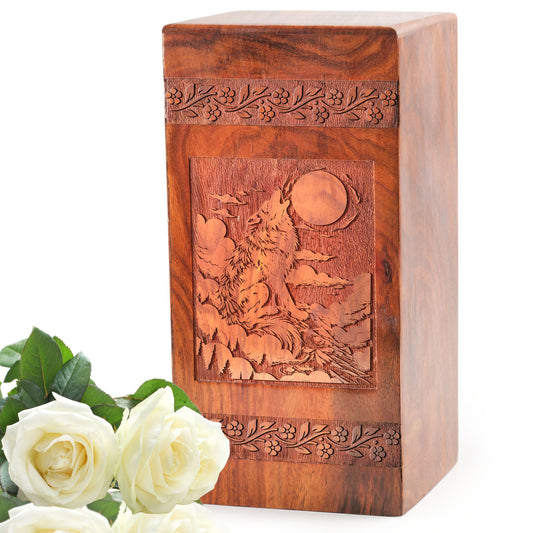 Wolf-themed, large engraved wooden urn for human ashes, ideal for cremation and funerals