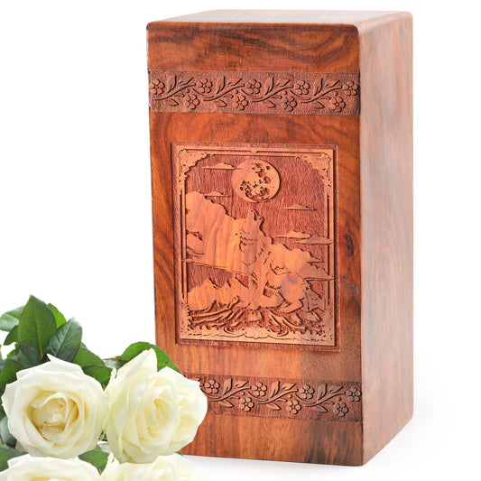 Wolf-themed large wooden urn, a memorial keepsake suitable for men and women ashes.
