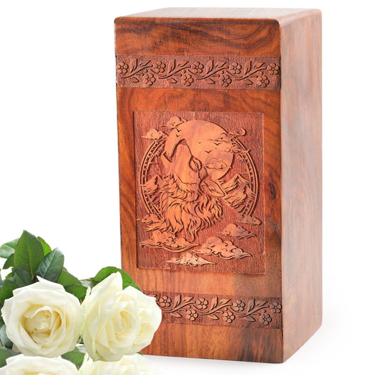 Large wooden wolf themed cremation urn, ideal for storing adult female human ashes, provides a rustic wooden ashes box feature