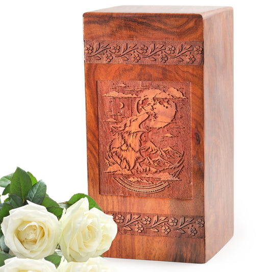 Wolf-themed large wooden urn, a perfect burial urn for ashes and an eloquent memorial for both men and women