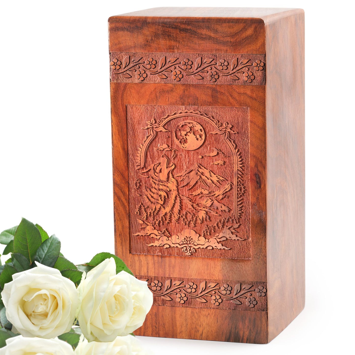 Large wolf-themed wooden urn, memorial urns for male burial, wooden cremation ashes box for funeral