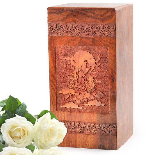 Handcrafted Wolf Wooden Cremation Urn Memorial Tribute 