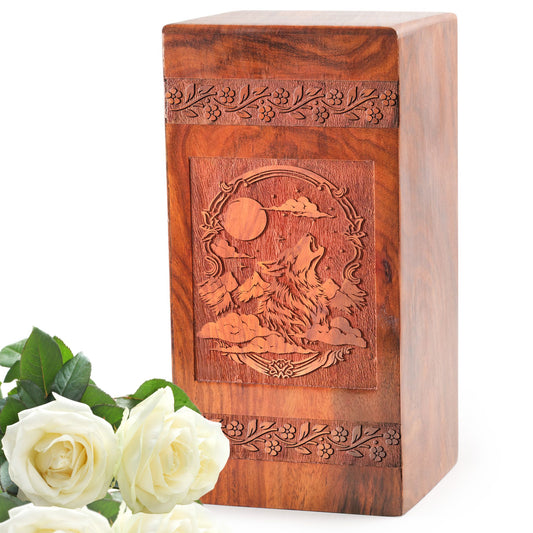 Elegant large Wolf Wooden Urn for human ashes, unique memorial cremation urn for men and women