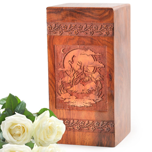 Large wooden urn, featuring a wolf theme, suitable for cremation ashes. Durable funeral ash box for men.
