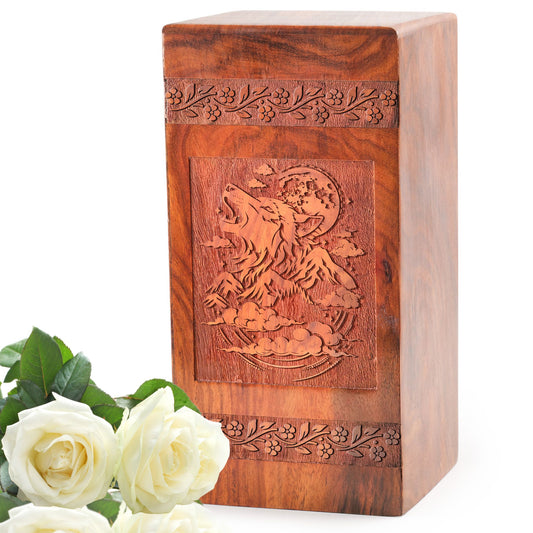Large wolf themed Wooden Memorial Urn, Unique Funeral Wooden Cremation Box for Adult Male & Female ashes