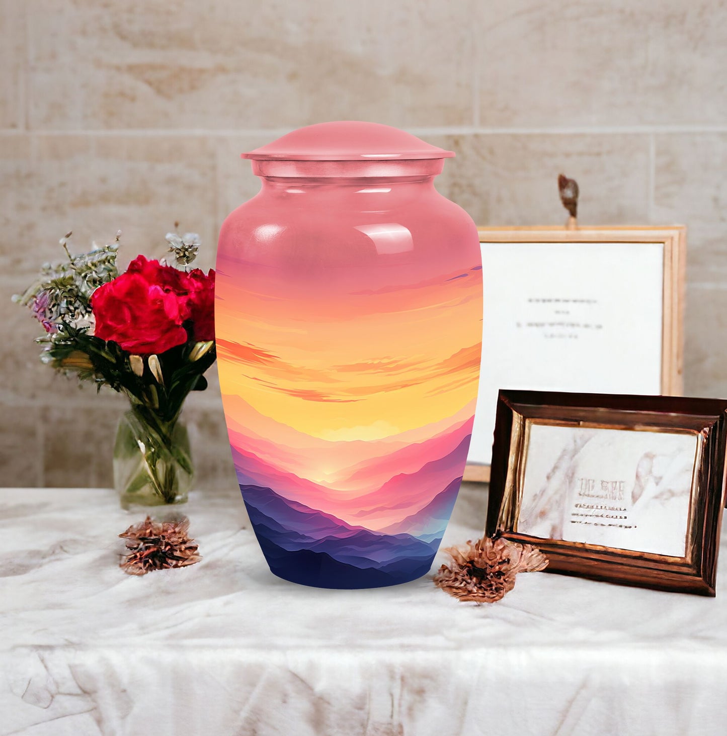 Large mountains themed decorative urn for adult ashes, suitable for men's burial