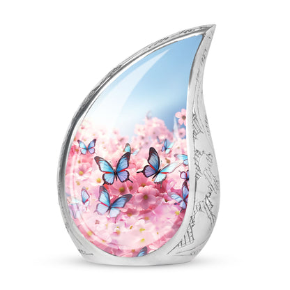 Blue Flying Butterfly In Cherry Blossom Decorative Urn
