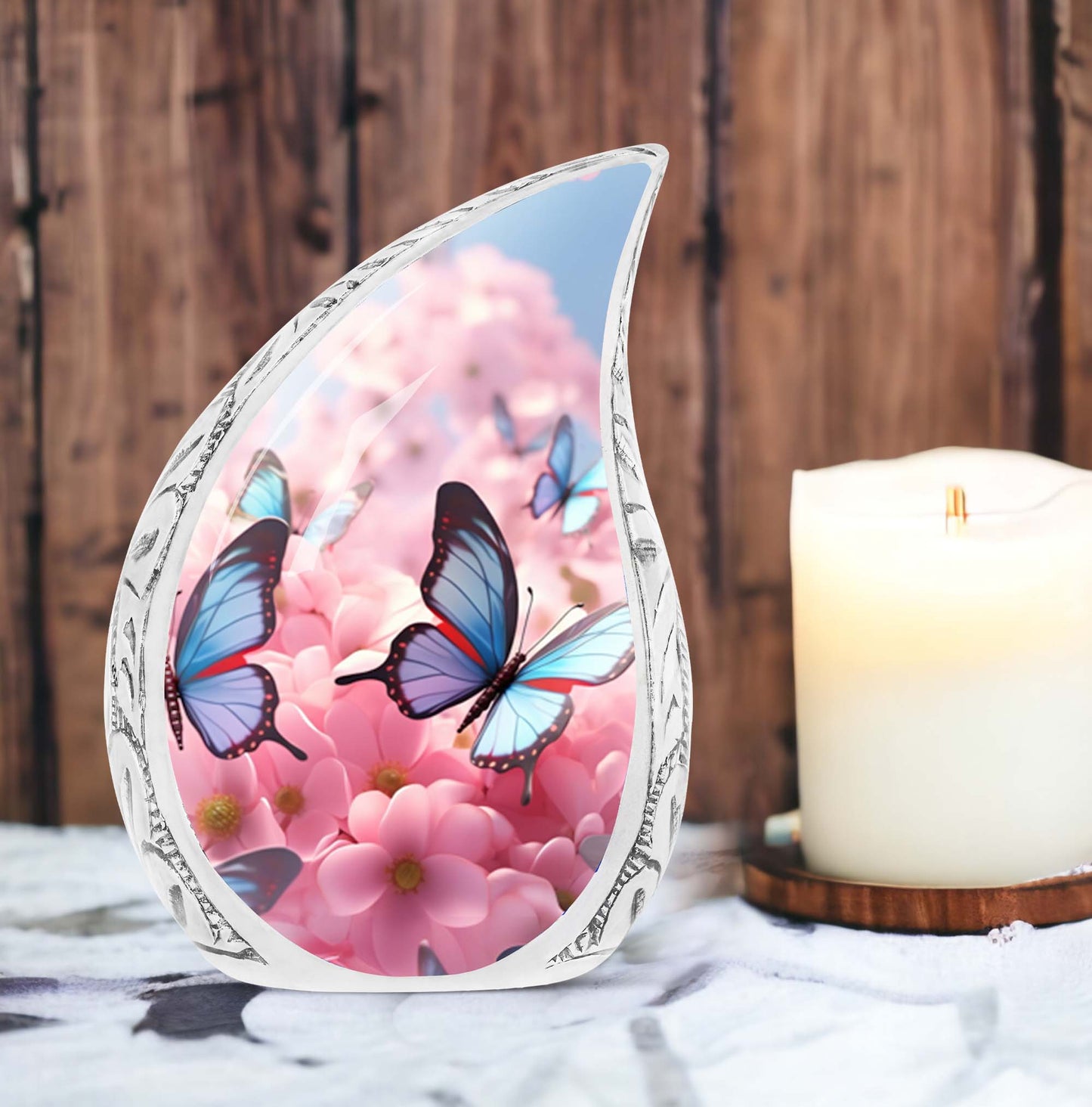 Blue Butterfly urn, A decoratively detailed human ashes container for funeral and cremation memorials