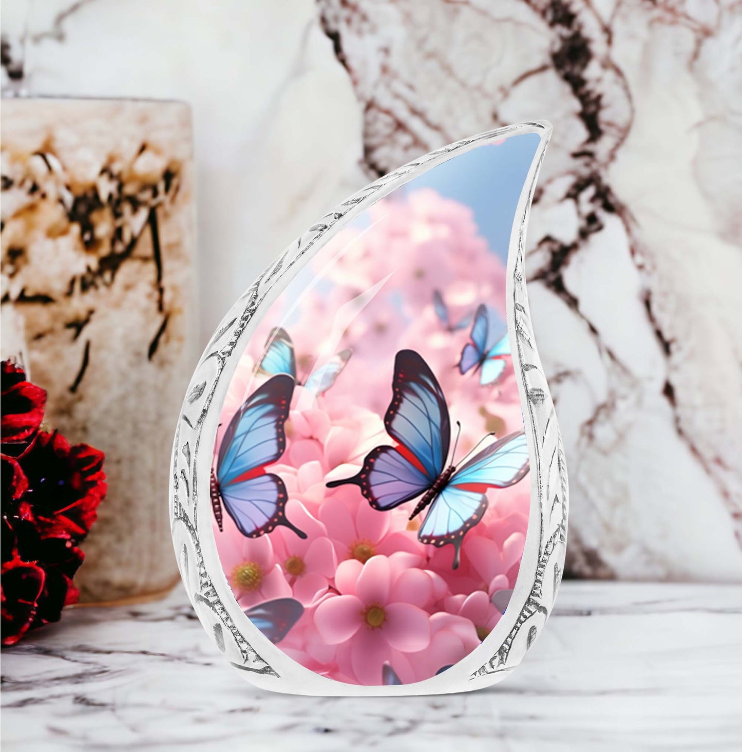Blue Butterfly urn, A decoratively detailed human ashes container for funeral and cremation memorials