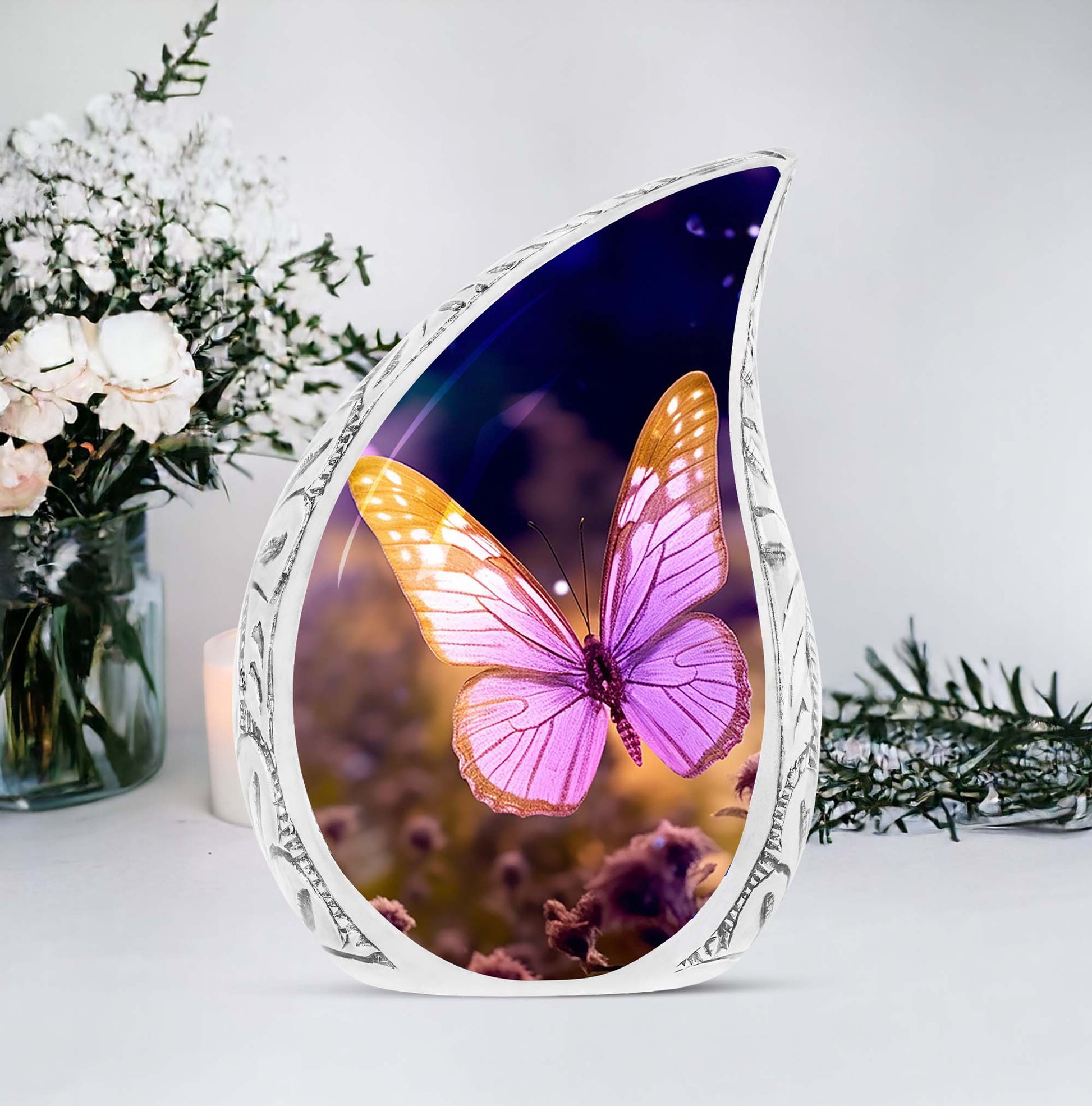 Large, decorative cremation urn for adult ashes with a beautiful butterfly design