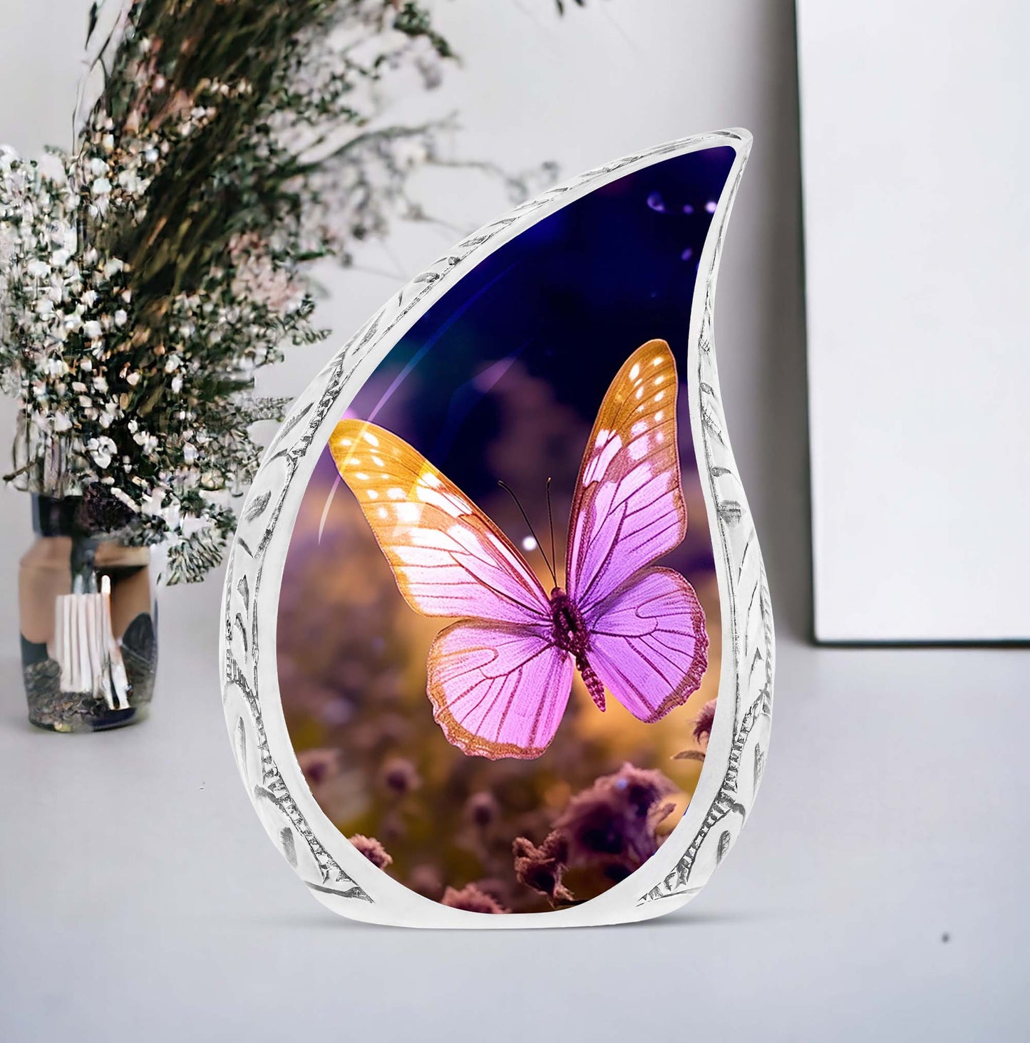 Large, decorative cremation urn for adult ashes with a beautiful butterfly design