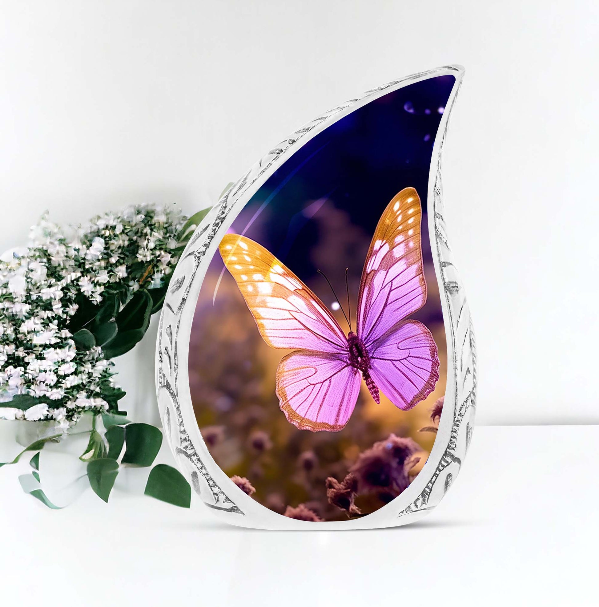 Large, decorative cremation urn for adult ashes with a beautiful butterfly design