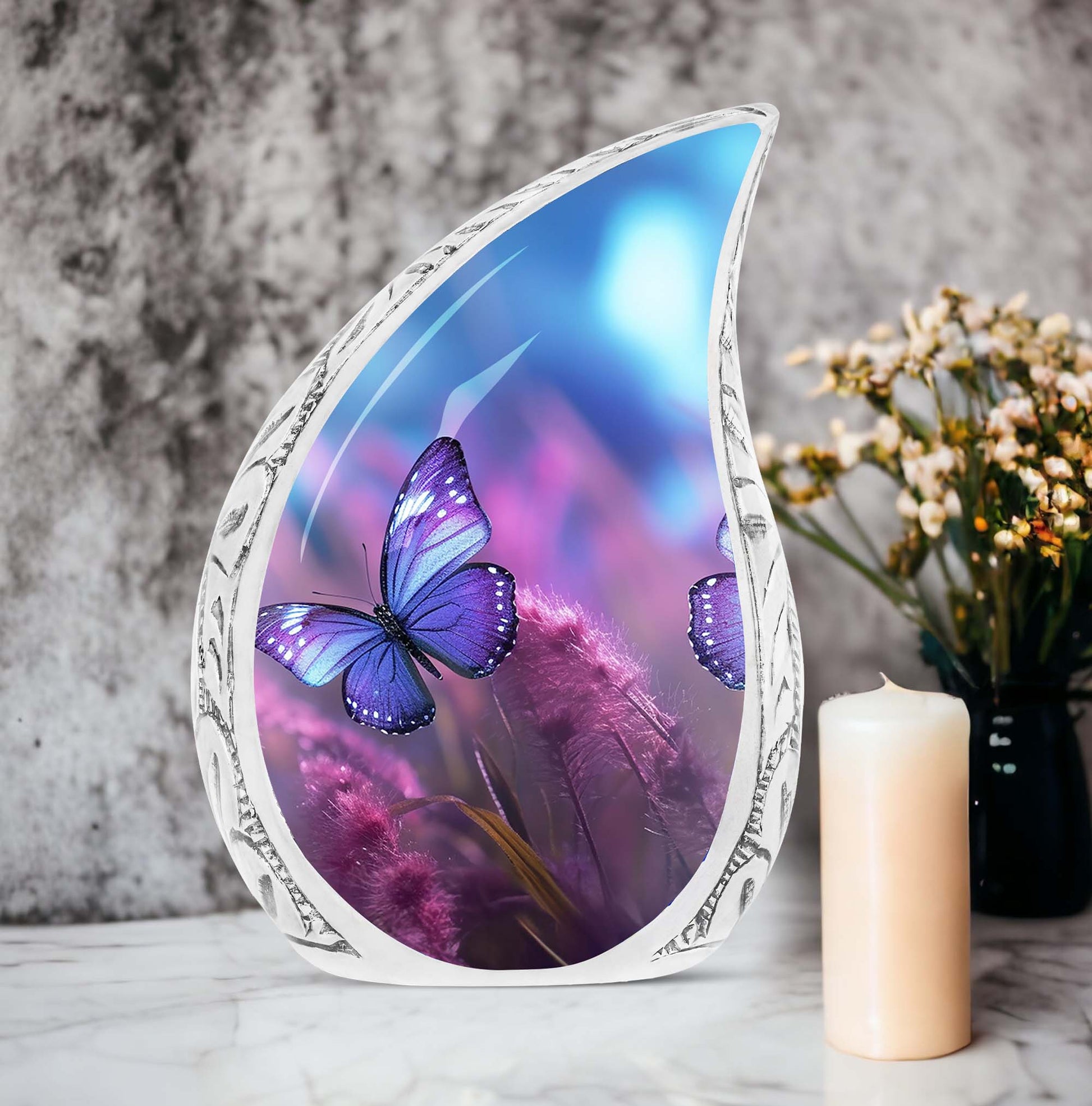 Sturdy adult cremation urn in purple featuring an artistic butterfly design for safekeeping of human ashes