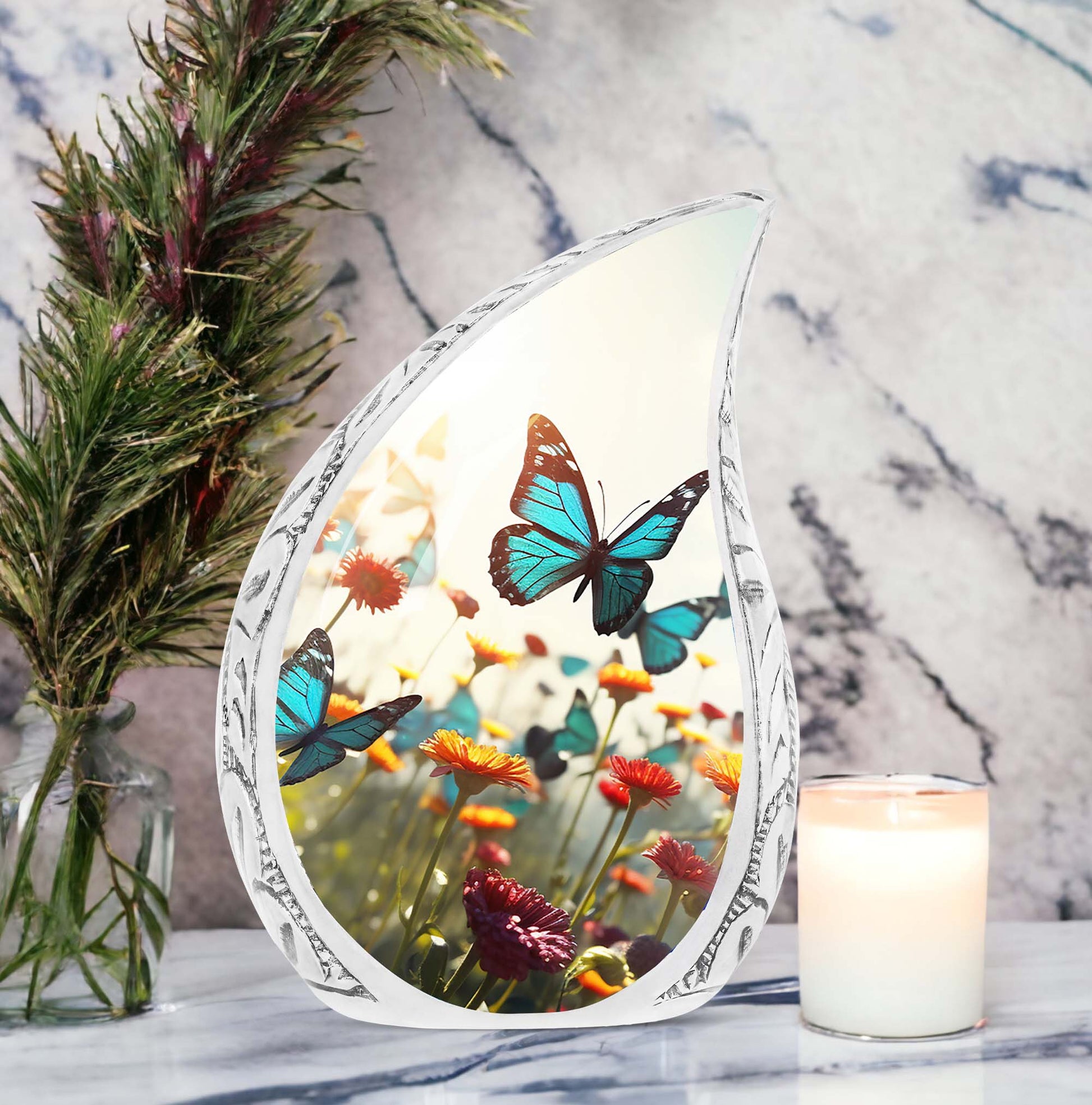 Vibrant butterflies urn for human ashes, perfect for aesthetic funeral needs and cremation memorials