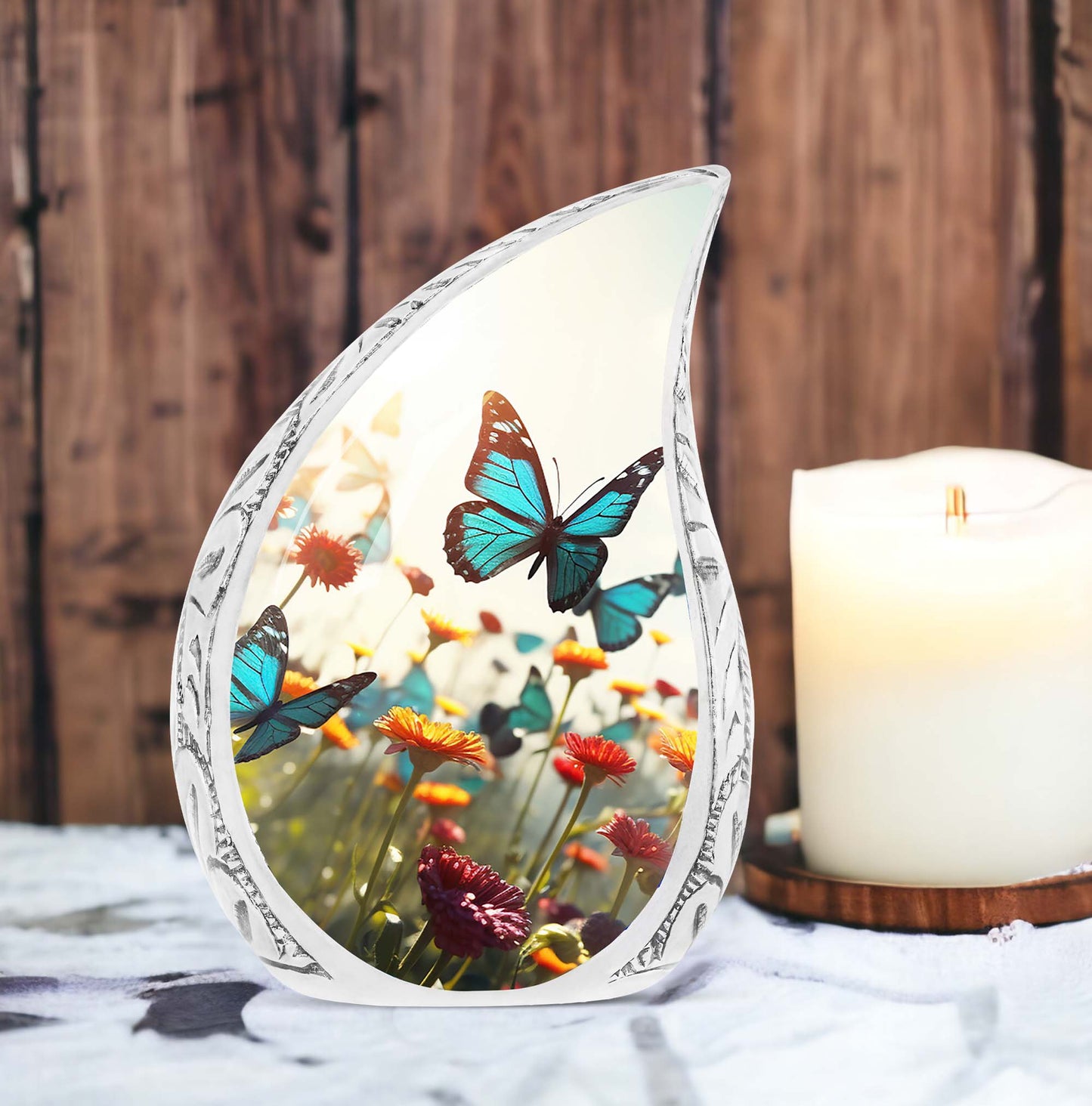 Vibrant butterflies urn for human ashes, perfect for aesthetic funeral needs and cremation memorials