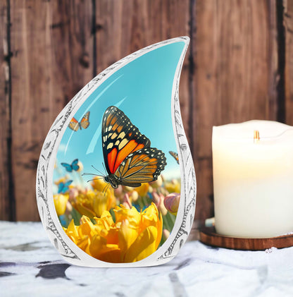Large Butterflies Urn for adult male ashes, used as a decorative Cremation Keepsake.