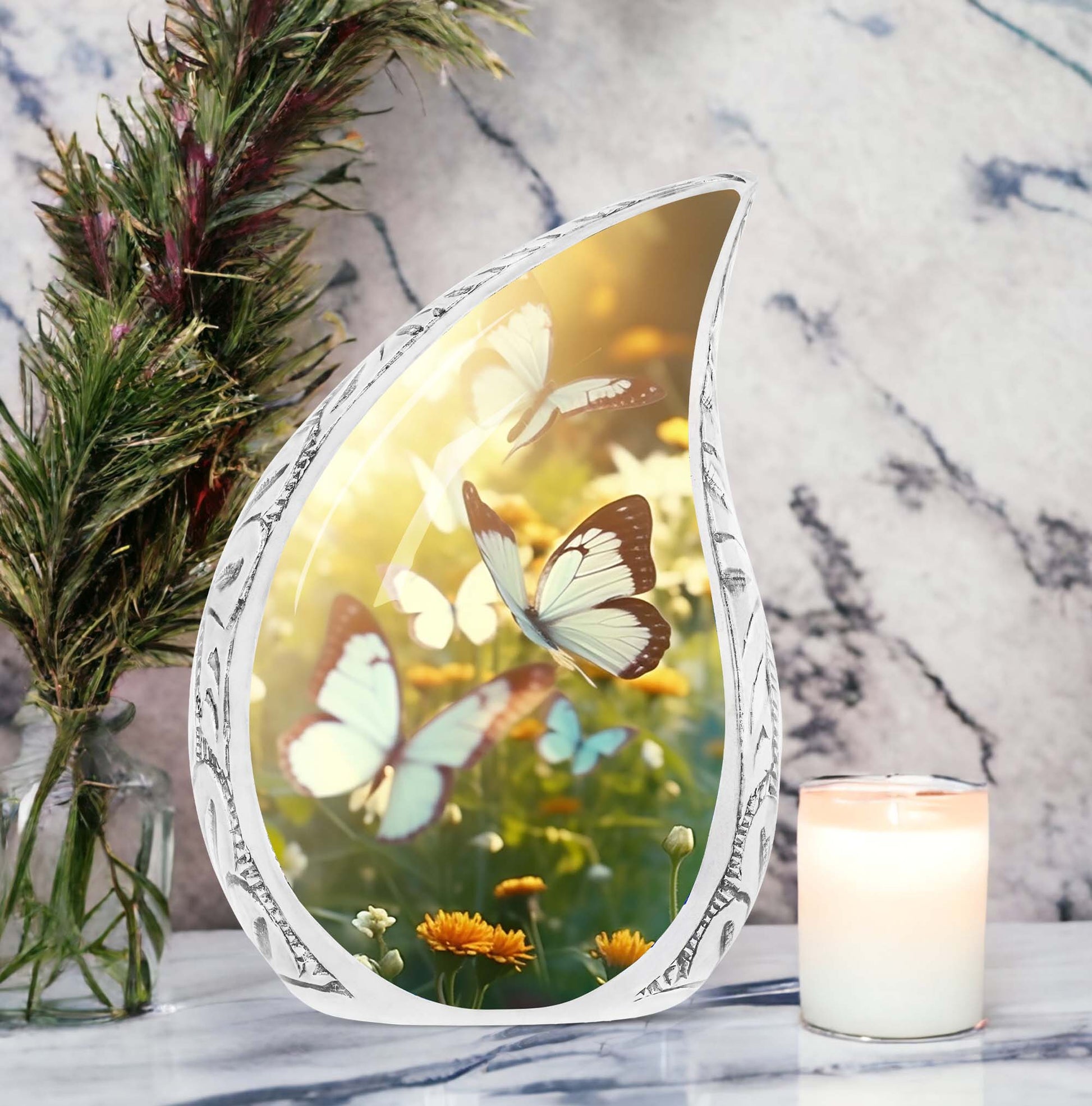 Butterflies flying over sunset imprinted on a large urn for adult human ashes