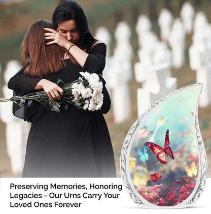 Colorful butterflies on a large urn intended for adult human ashes, specifically mothers