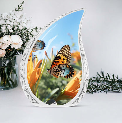 Butterfly decorated urn for human ashes, affordable cremation urns large size, perfect for dads