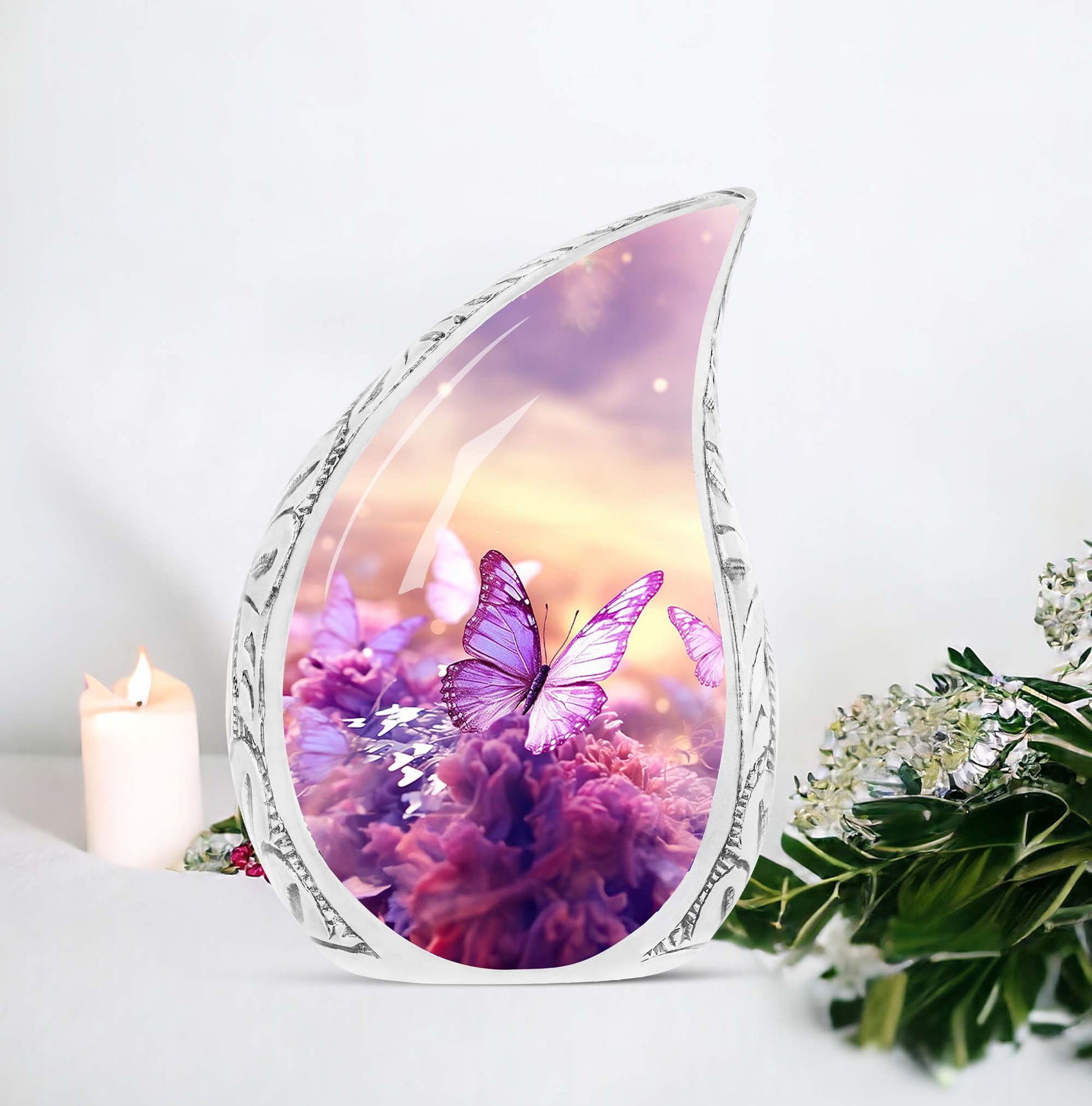 Large butterfly themed urn for adult human ashes, with a sunset meadow design.