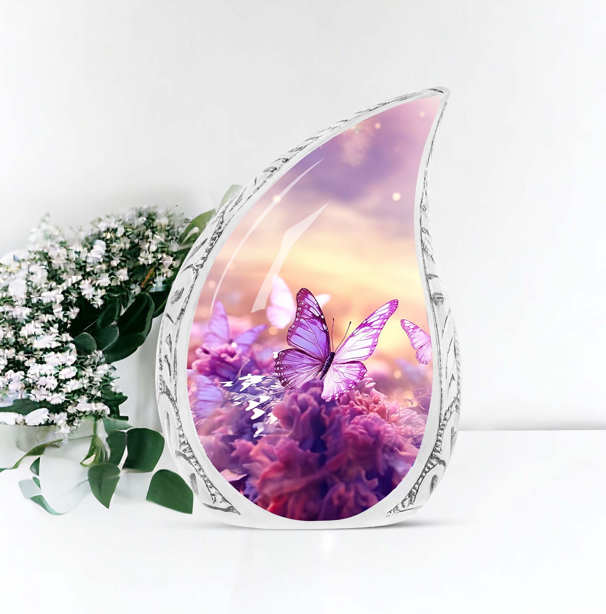 Large butterfly themed urn for adult human ashes, with a sunset meadow design.