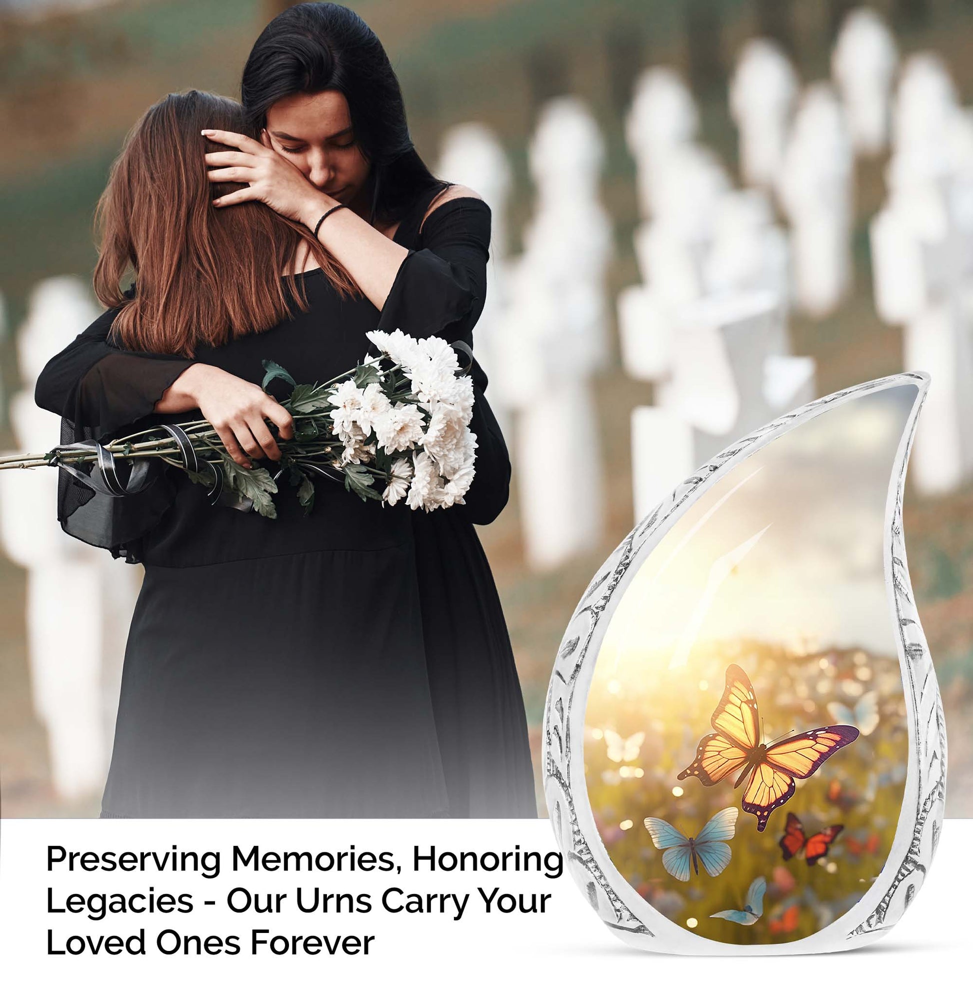 Large urn ornately designed with butterflies on a sunset meadow, ideal for human ashes adult female burial or cremation
