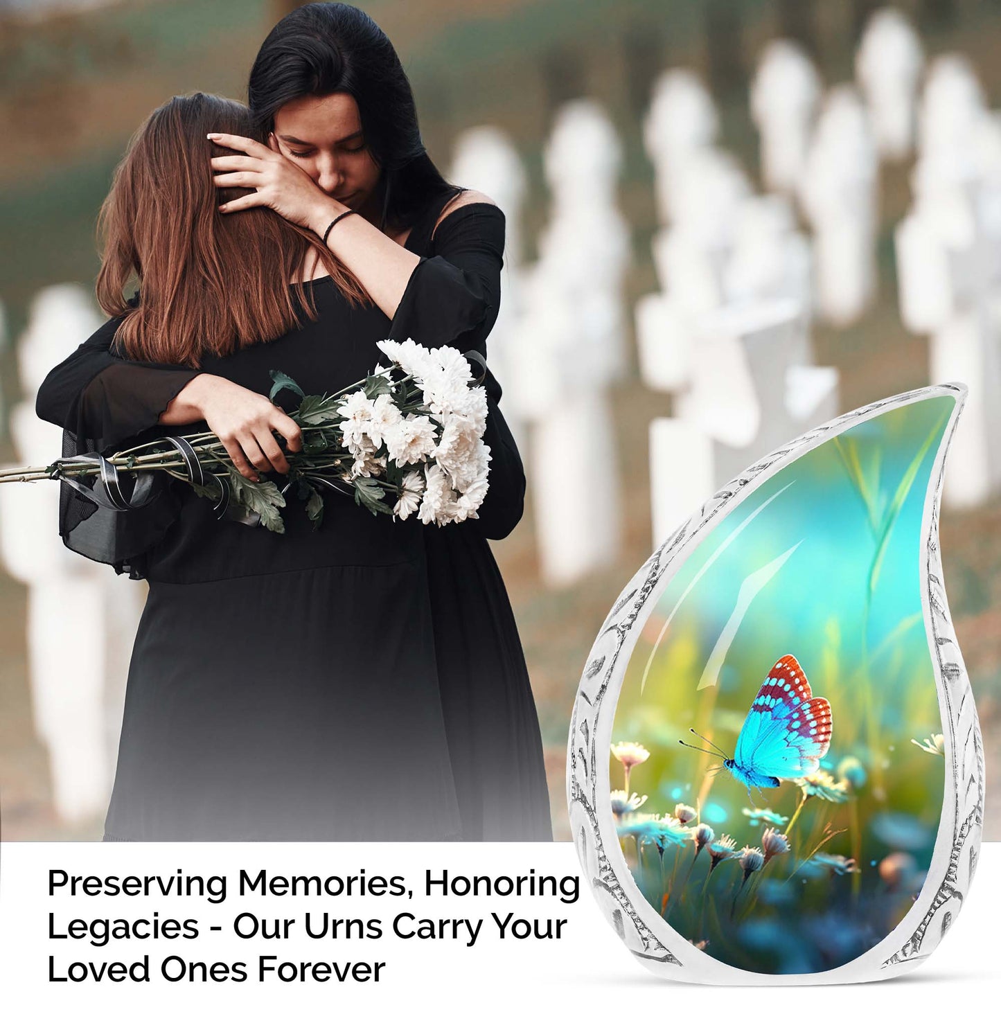 Large cremation urn for adults, featuring a unique butterfly design in a meadow, perfect metal container for ashes