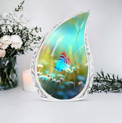 Large cremation urn for adults, featuring a unique butterfly design in a meadow, perfect metal container for ashes