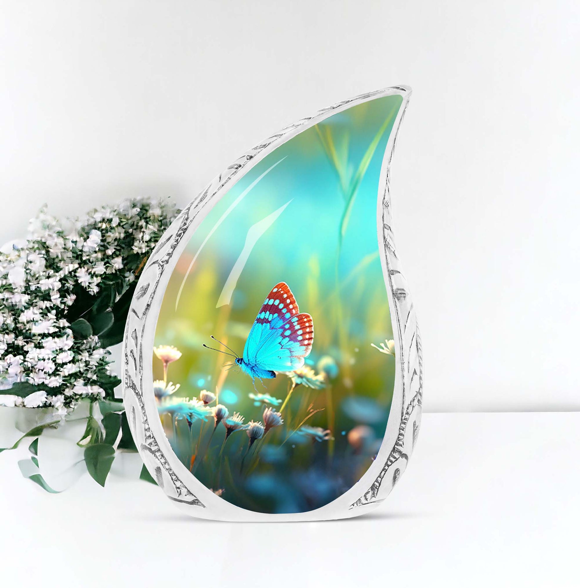 Large cremation urn for adults, featuring a unique butterfly design in a meadow, perfect metal container for ashes