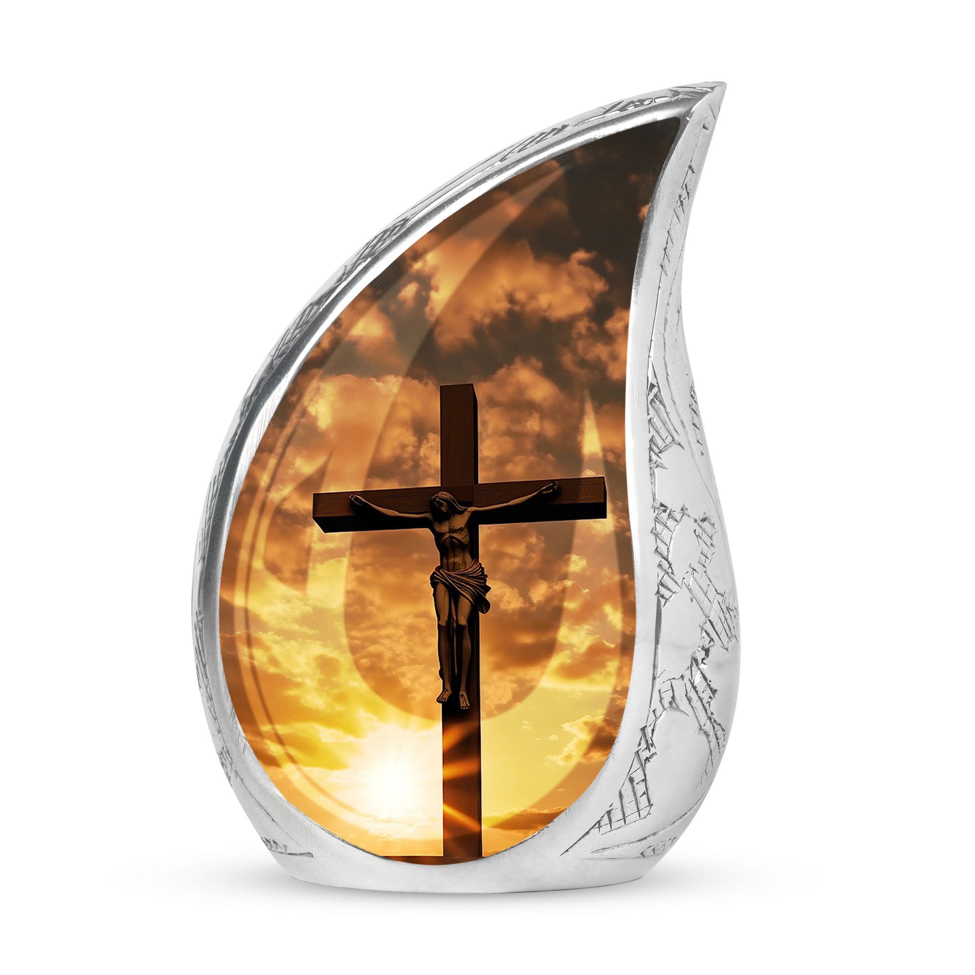 Large Christ Sunset Urn, designed for adult male cremation ashes, part of funeral decorations