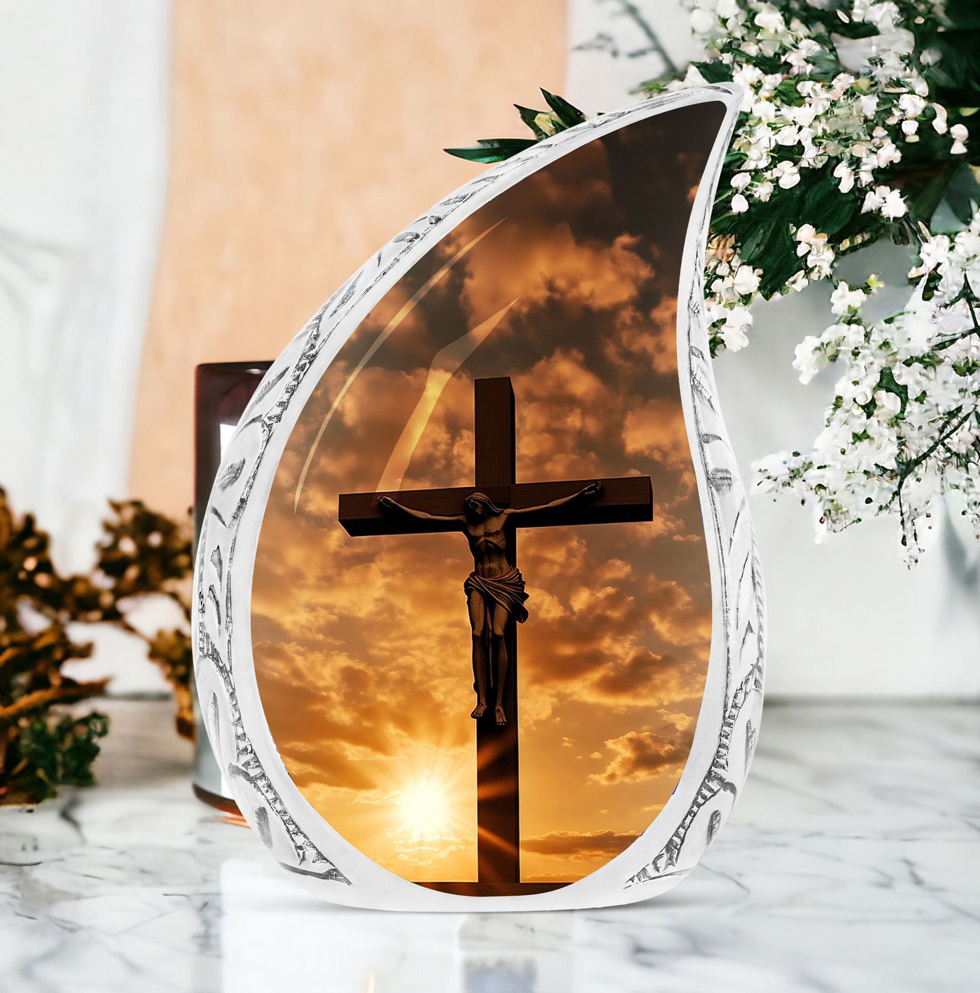 Large Christ Sunset Urn, designed for adult male cremation ashes, part of funeral decorations