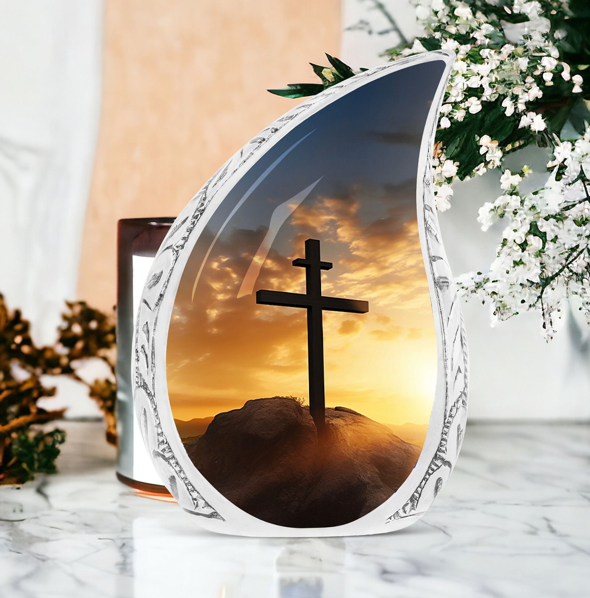 Large Christ-themed urn for ashes depicting a sunset sky, ideal for adult human ashes storage