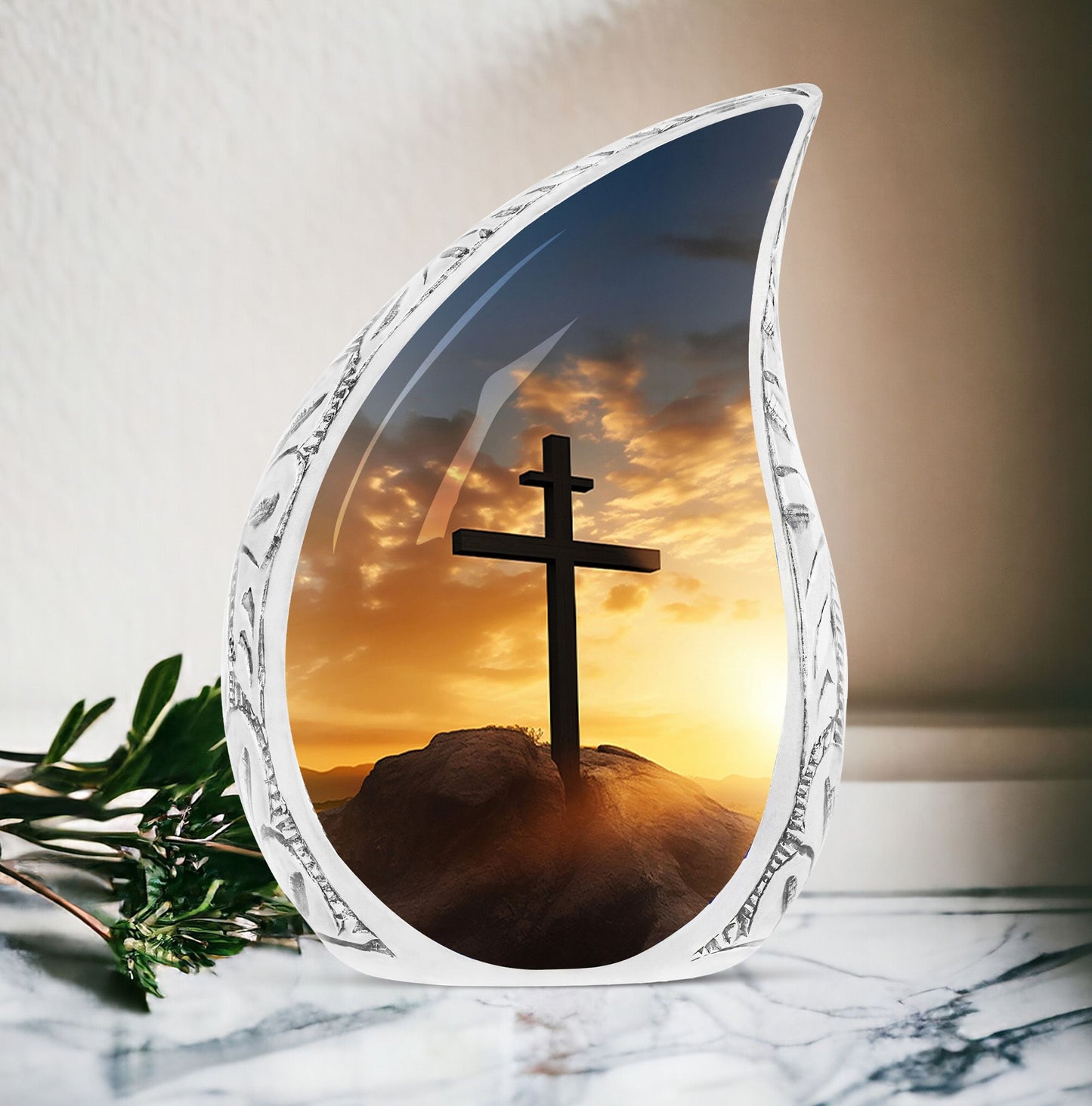 Large Christ-themed urn for ashes depicting a sunset sky, ideal for adult human ashes storage