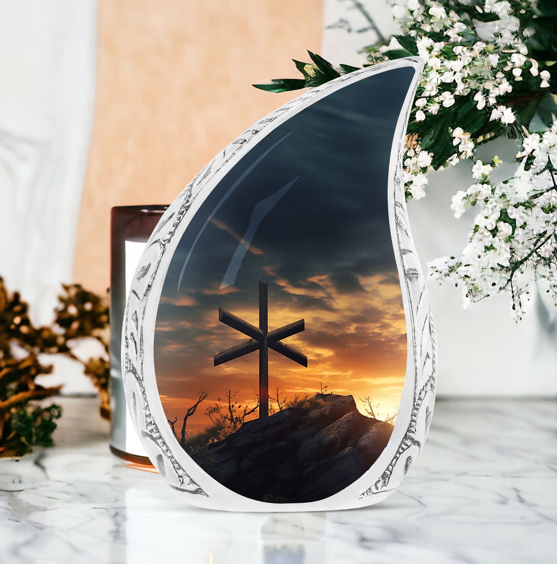 Large Christ themed urn painted with sunset sky, designed for human ashes, suitable for women and burial purposes