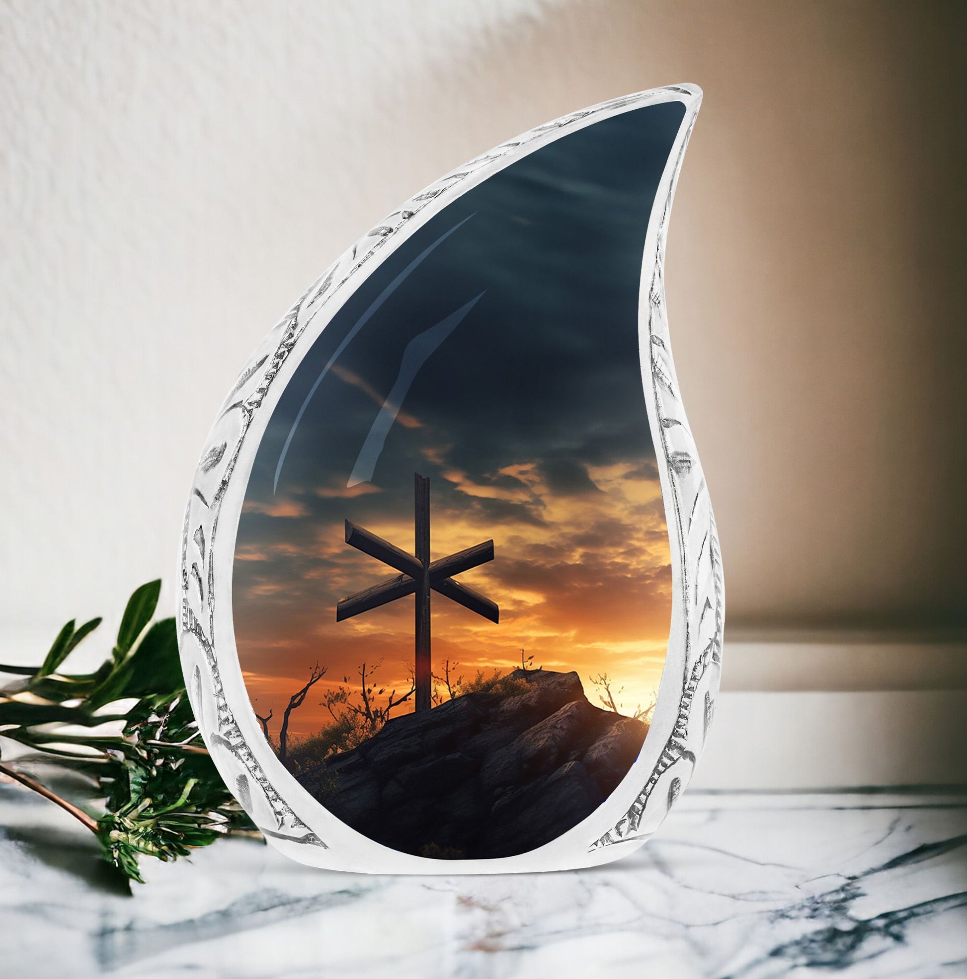 Large Christ themed urn painted with sunset sky, designed for human ashes, suitable for women and burial purposes