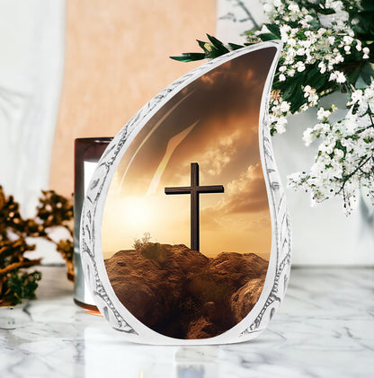 Large Christ themed Urn with Sunset Sky design for Adult Male or Female Cremation Ashes