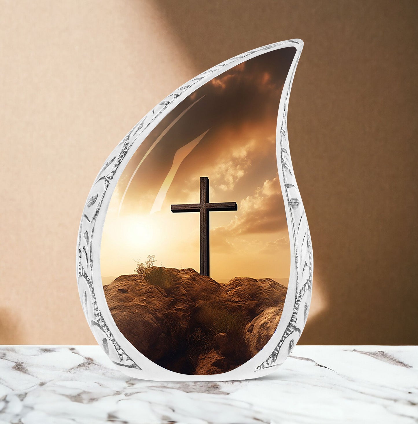 Large Christ themed Urn with Sunset Sky design for Adult Male or Female Cremation Ashes