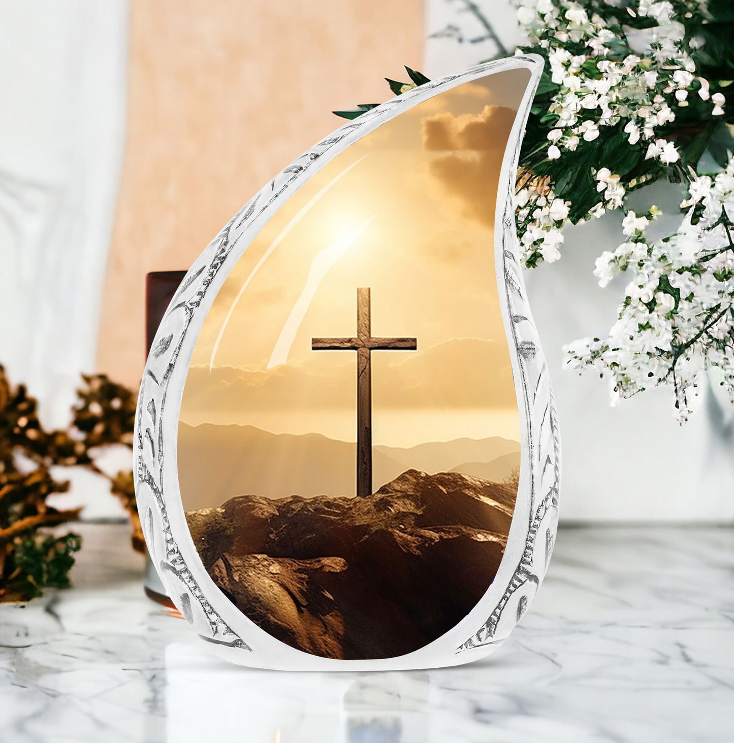 Large Christ-themed Cremation Urn showcasing a sunset over a hill, perfect memorials for ashes, suitable for men