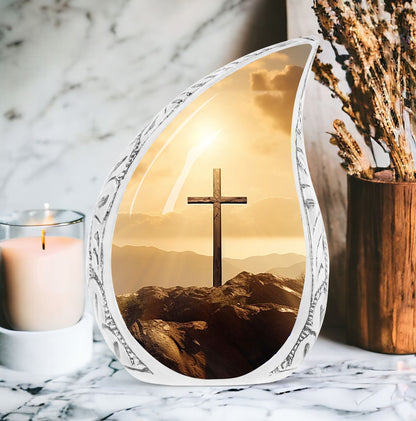 Large Christ-themed Cremation Urn showcasing a sunset over a hill, perfect memorials for ashes, suitable for men