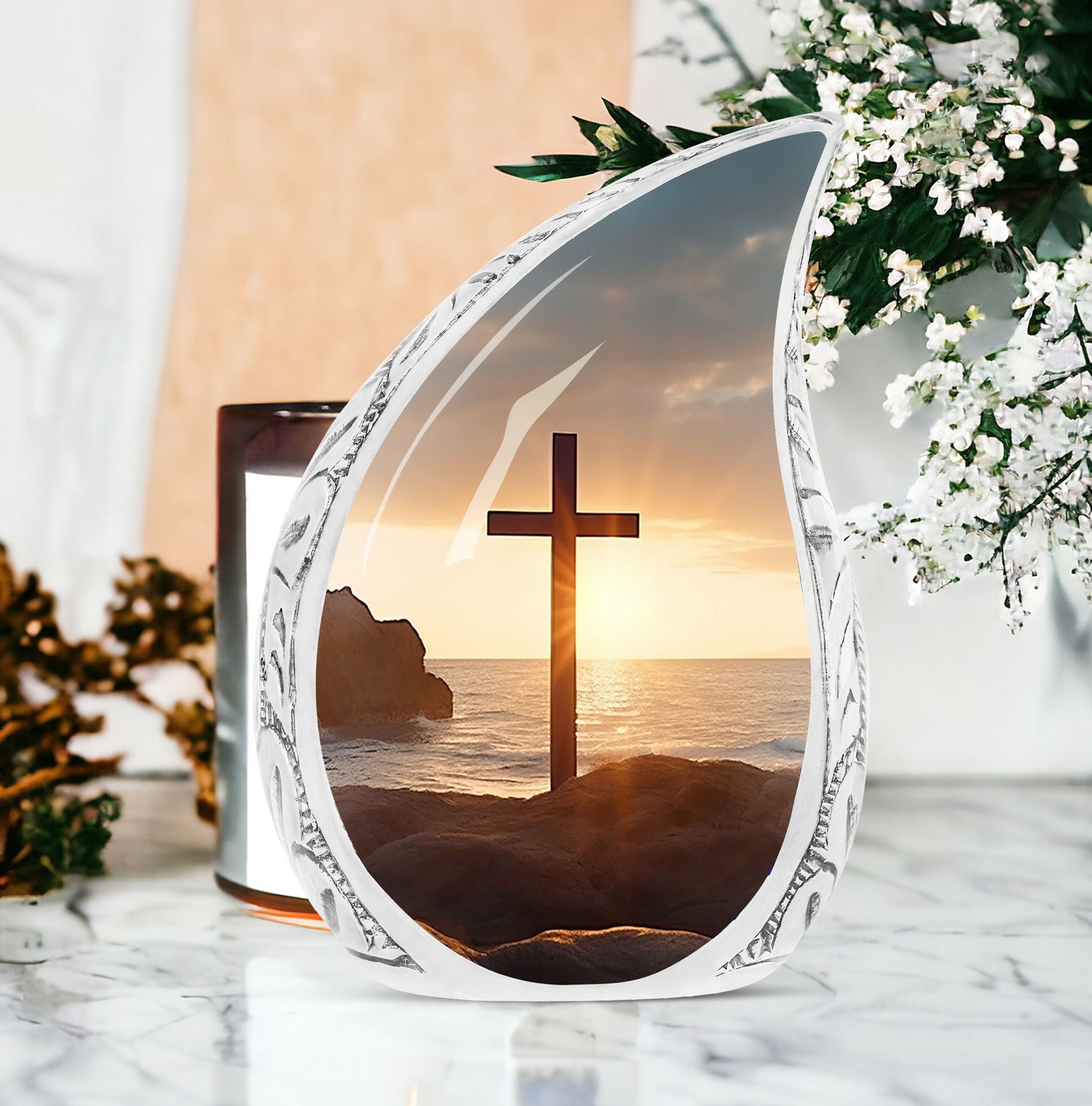 Large Christ Urn with Ocean Background for adult female ashes burial, a unique and beautiful funeral decoration