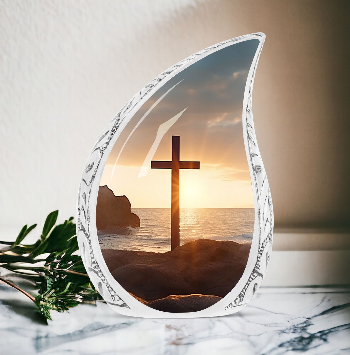 Large Christ Urn with Ocean Background for adult female ashes burial, a unique and beautiful funeral decoration