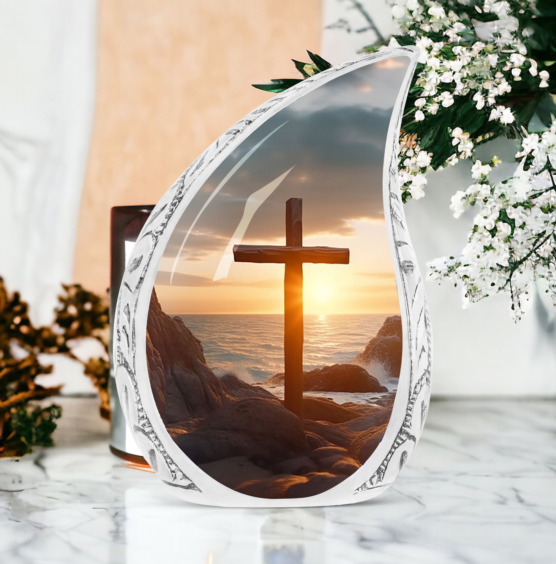 Large Christ themed urn with ocean background, suitable for adult male ashes, a distinctive piece for a funeral