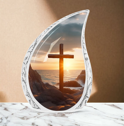 Large Christ themed urn with ocean background, suitable for adult male ashes, a distinctive piece for a funeral