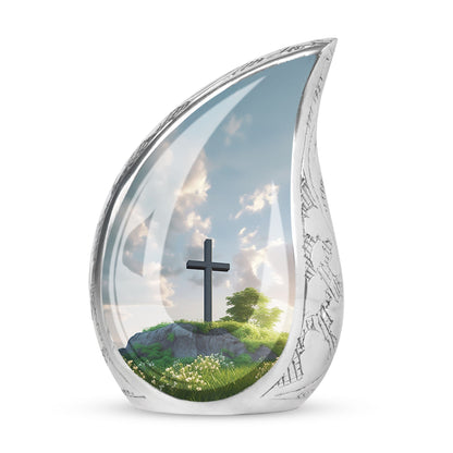 Large Christ-themed urn for adult ashes with serene garden background, ideal for memorial