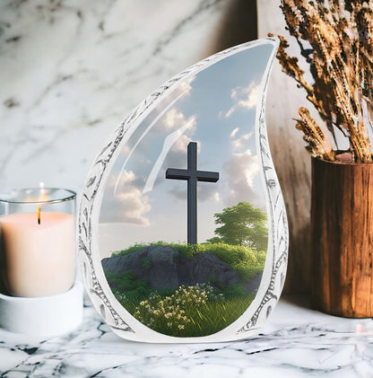 Large Christ-themed urn for adult ashes with serene garden background, ideal for memorial