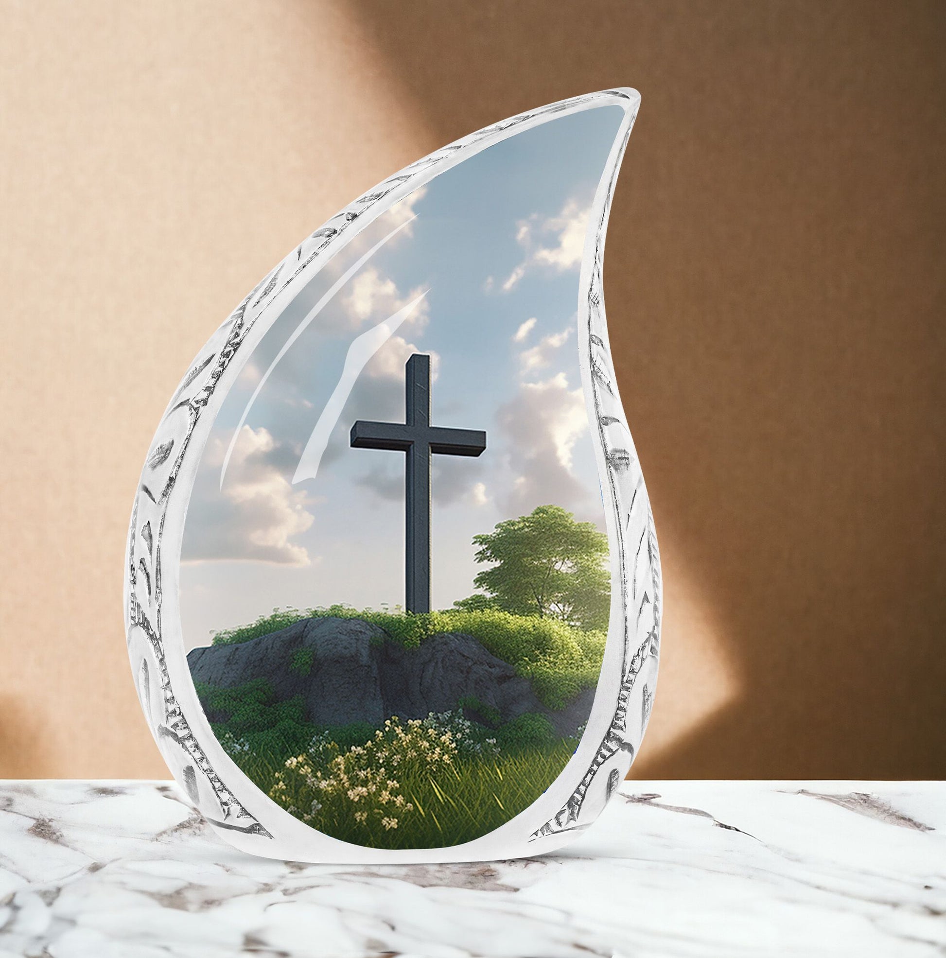 Large Christ-themed urn for adult ashes with serene garden background, ideal for memorial